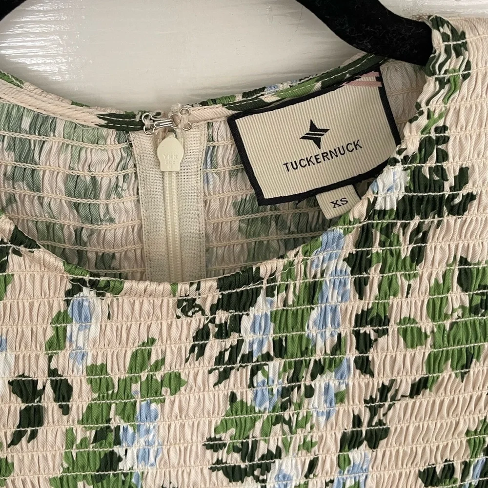 Tuckernuck - Beige w/ Blue & Green Floral Print Smocked Dress Sz XS - Picture 7 of 15
